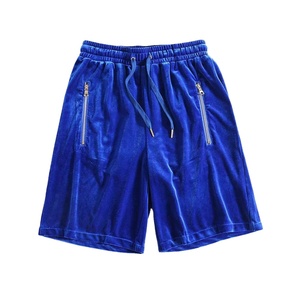 2022 hommes bleu velours velours décontracté Shorts de haute qualité avec poches zippées en gros plaine teint velours vêtements courts - Product Image 1