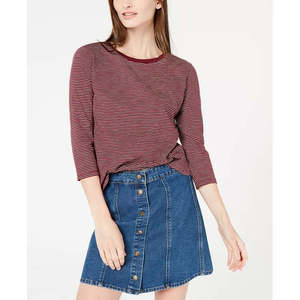 Chemise décontractée rayée à manches 3/4 pour femme Maison Jules, en tissu tricoté respirant satin/soie, brodée, couleur vin (Taille M) XL - Product Image 1