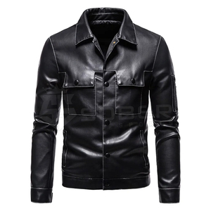 Men's <b>Winter</b> Wear Slim Leather <b>Jacket</b> Black Solid Color with Canvas Fabric for Cold Seasons - Product Image 3