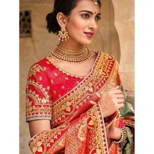 Sari Tradicional de Seda Dola Pura en un Delicioso Gris y Naranja con Bordado para Bodas y Festivales - Product Image 1