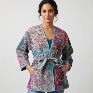 Kimono Kantha Stone Wash <b>Jacket</b> Handmade Indian Floral <b>Pattern</b> Robe <b>Quilted</b> and Breathable Coat Autumn Winter - Product Image 1
