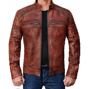 Custom Logo Men's Autumn Genuine Leather Vintage Stand Collar <b>Sherpa</b> <b>Lined</b> <b>Jacket</b> with Front Logo DDP Shipping - Product Image 1