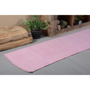 Tapis turc vintage en laine rose de 2x12 pi, tissage plat moderne, design patchwork pour décorations de salon avec support en latex - Product Image 5