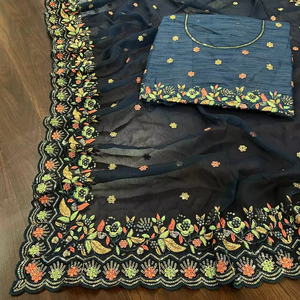 Sari de Georgette Brillante de Diseño de Alta Calidad con Bordado de Lentejuelas y Borde con Trabajo de Corte, 5.50 Metros, para Bodas y Fiestas - Product Image 3
