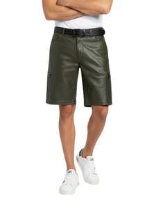 Mens Genuine Leather Cargo <b>Shorts</b> with Side <b>Zipper</b> Pockets Olive Green Fashionable and Streetstyle - Product Image 4