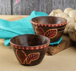 Ensemble de bols de service à biscuits en bois de mangue Red Leaf en bois Ensemble de 2 bols de service ronds pour pâtes, salades de fruits ou pop-corn - Product Image 2