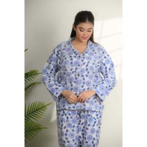 Conjunto de Pijama de Algodón Floral para Mujer, Suave y Transpirable, Cintura Elástica con Botones, Tejido con Spandex, Térmico para Invierno, Uso en Casa, para Verano y Otoño - Product Image 1