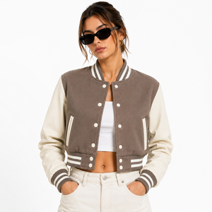 Navy <b>Pink</b> PU Leather Varsity <b>Jacket</b> Regular Fit Turn-down Collar Preppy Style Single Button Closure Unisex Autumn Wear - Product Image 3