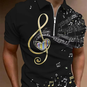 Camiseta Polo con Cremallera para Hombre, Tops Estampados Gráficos, Notas Musicales, Manga Corta Ligera, Ropa con Cremallera, Moda Casual - Product Image 5