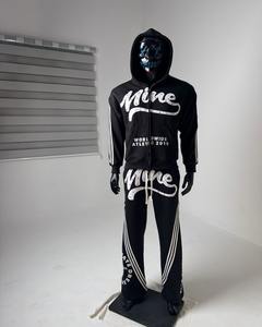 Ensemble sweat-shirt et pantalon de survêtement à capuche surdimensionné en coton 100% à fermeture éclair intégrale, brodé de pierres multicolores, lavage à l'acide, strass, vente chaude - Product Image 1