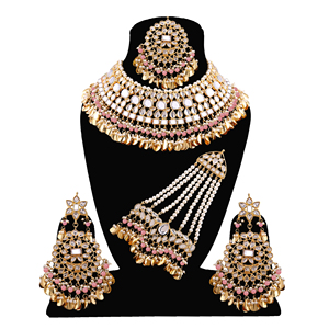 Ensemble de collier et de boucles d'oreilles de mariée en cristal de rhinestones plaqué cuivre et platine tendance et luxueux, style indien traditionnel pour les fêtes de mariage - Product Image 1