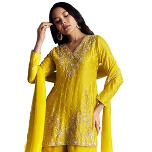 Traje Sharara bordado amarillo con lentejuelas y corte Dana Work para mujer Traje festivo de fiesta de boda tradicional - Product Image 2