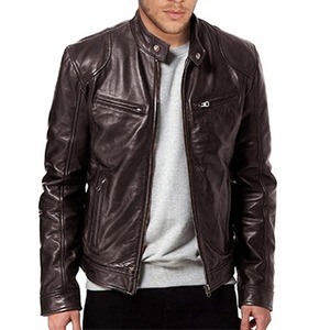 Veste en cuir rétro pour homme, veste de motard à col montant, manteau multi-poches coupe ajustée, vêtements d'extérieur pour l'automne et l'hiver - Product Image 1