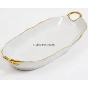 Tazón de servicio con acabado esmaltado de Color blanco hecho de Metal de alta calidad con patrón de moda con bordes y asas superiores chapados en oro - Product Image 1