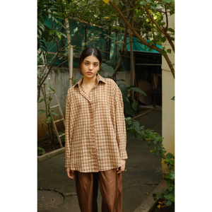 Camisa Oversize de Popelina de Algodón con Diseño de Doble Cuadros en Tono Tierra - Product Image 4