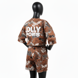 Conjunto de Top Corto y Pantalones Cortos de Felpa Francesa de Algodón Suave de Lujo para Mujer, Estampado Urbano Marrón, Logotipo Personalizado, 100% Algodón - Product Image 5