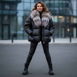 Chaqueta de cuero acolchada fina a cuadros para mujer con cuello de piel de zorro y cierre de cremallera, cortavientos, ropa de calle de invierno, 85% plumón - Product Image 2