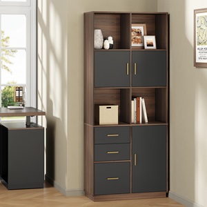 Vitrina Moderna con Cajones, Librería Alta de Madera de Nogal, Vitrina de Exhibición para Sala de Estar, Mueble de Almacenamiento DR577 - Product Image 1