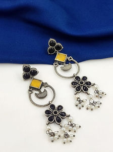 Pendientes Largos de Plata Oxidada con Flores y Piedras Multicolores, Estilo Étnico Contemporáneo Tradicional para Mujer - Product Image 4