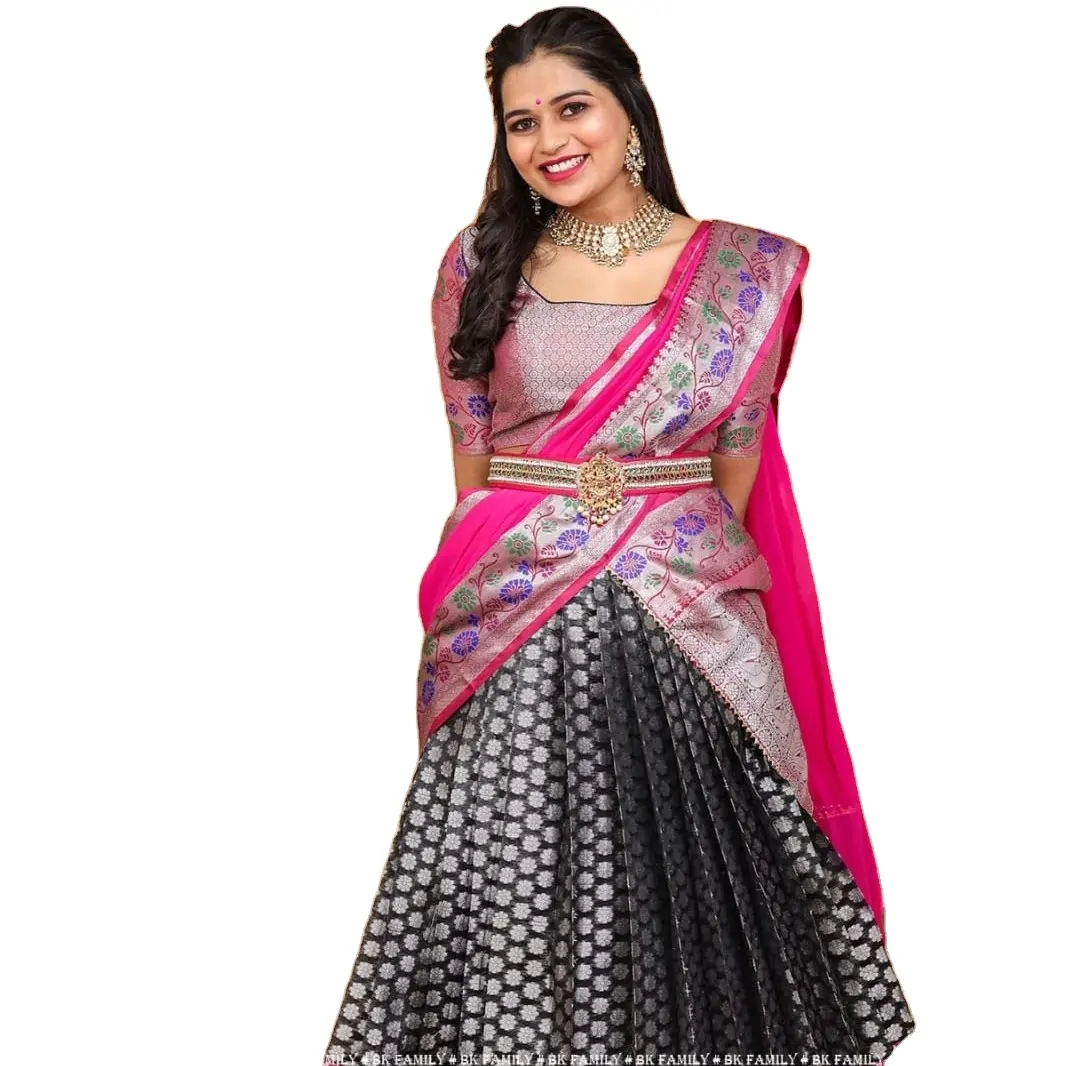 Ropa india de calidad de exportación, superencantador, negro, puro, seda, medio saree, emparejado con un rani, rosa, dhavani The