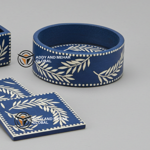 Indian Supplier Offers Handmade Blue & <b>White</b> Bone Inlay 3mm Thick Eco-Friendly <b>Coaster</b> Set with Holder and Floral Pattern - Product Image 3