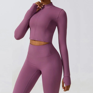 Ensemble de yoga deux pièces pour femmes en gros, ensemble de yoga uni en dentelle, haut court à fermeture éclair, veste de sport de yoga, entraînement physique, veste à fermeture éclair personnalisée - Product Image 4