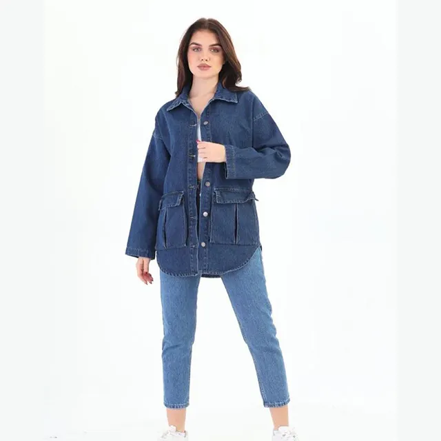 2023 New Women's Denim Shirt casual dark blue color long sleeve buttoned loose with pockets