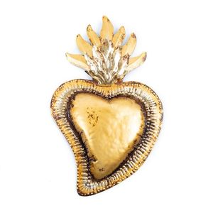 Plaque murale antique en or avec motif de cœur sacré |   Panneau Ex Voto Cœur enflammé vintage en métal |   Décoration religieuse de luxe pour la maison - Product Image 1