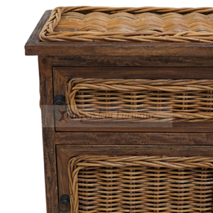 Wholesale Antique Brown Rattan Wicker Wood 2 <b>Drawer</b> Cabinet Nightstand <b>Storage</b> Living Room Furniture Home Hotel Villa Project - Product Image 2