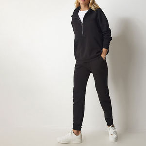 Survêtement femme vintage en molleton 100% coton écologique, logo personnalisé, haute qualité, à capuche, décontracté, uni, 2 pièces, fermeture éclair intégrale, streetwear - Product Image 1