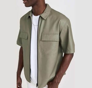 OEM personalizado de alta calidad de verano de los hombres de manga corta Camisa de cuero prendas de vestir estilo de la calle Casual Zip Up camisa de cuero - Product Image 6