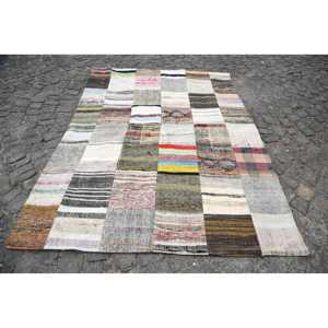 Tapis turc vintage 5,5x7,3 pieds, grand tapis, tapis camouflage beige patchwork - Product Image 1