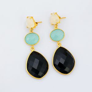 Boucles d'oreilles longues en argent sterling 925 haut naturel blanc arc-en-ciel Aqua calcédoine et onyx noir Design à la mode - Product Image 4
