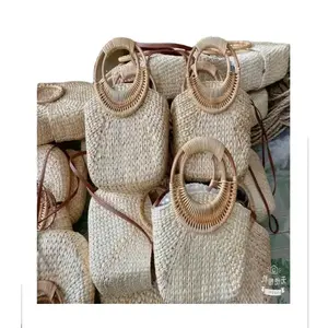 Simple Sedge Basket Bags Cheap Newest Fashionable Linen Striped Pillowcase Handbags With Sedge Handles