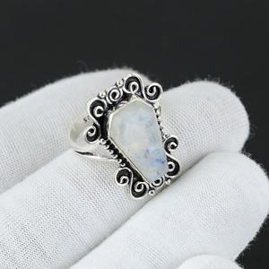 Anillo giratorio con forma de ataúd de piedra lunar arcoíris 925, anillo de piedra lunar de plata de ley sólida, anillo hecho a mano, regalo para mujer - Product Image 2