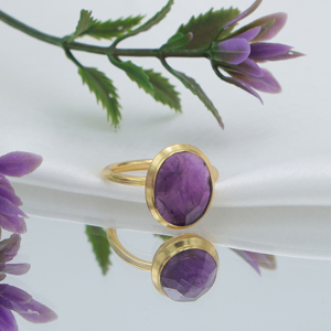 Anillo de Lujo Chapado en Oro con Cuarzo Amatista |   Joyería de Latón Hecha a Mano de 18K |   Anillo de Piedras Preciosas Unisex de Moda, Certificado por Terceros, para Bodas - Product Image 2