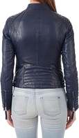 Veste de moto en cuir véritable pour femme en cuir de mouton avec col montant tissu en toile enduite