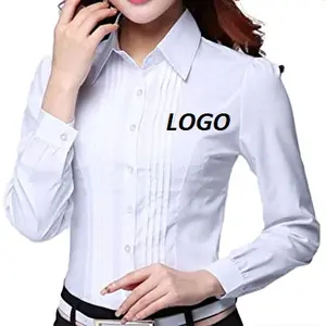 Camisas de vestir de color blanco liso de manga larga informales formales personalizadas camisa de vestir con botones de seda tejida de manga larga para damas