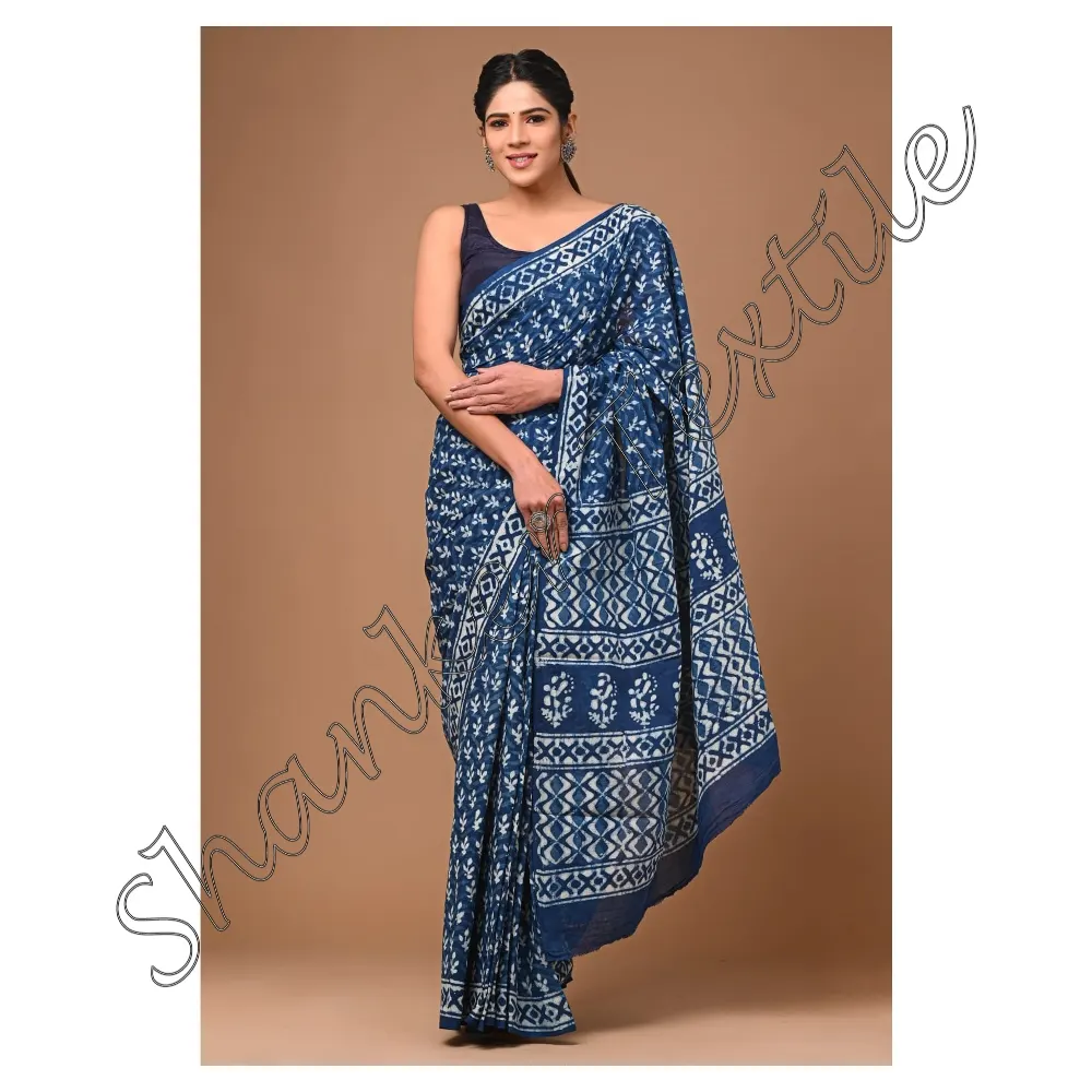 Hand Block Printed Cotton Mulmul Saree Dress With Unstitched Blouse Bestseller Cotton Mulmul Printed Saree With Blouse Piece