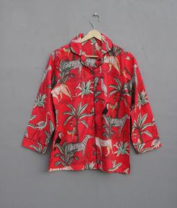 Ensemble de pyjamas indien en coton fait à la main imprimé jungle robe de nuit à manches courtes imprimé bloc à la main vêtements de nuit respirants pour les grandes tailles - Product Image 5