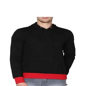 Custom Men With String Normal Fit Pullover Cotton Fleece Black & Red Rib New Style Hoodie