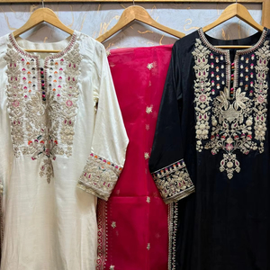 Nueva llegada Multi-hilo bordado Rawsilk Tilla camisa negro blanco tela coreana encaje forcejeos contraste Organza Anarkali Desi - Product Image 1