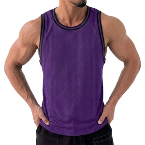 Men's Ribbed Fitness Tank <b>Top</b> Custom Logo Muscle Fit Sleeveless Gym Contrast Neckline Striped Bodybuilding Vest Bulk Tank <b>Tops</b> - Product Image 1