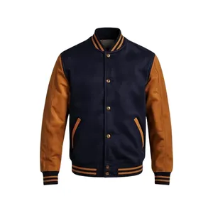 Chaqueta universitaria azul marino con cuerpo de lana y mangas de cuero color canela - Product Image 1