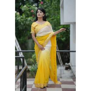 Sari de créateur en Georgette, longueur 6,3 m, travail de paillettes, robe de soirée élégante et chic avec pièce de blouse non cousue pour les fêtes - Product Image 3