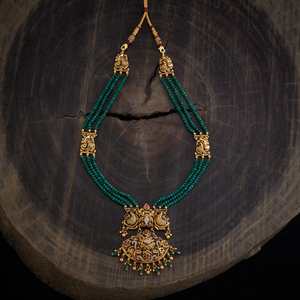 Silver Temple <b>Necklace</b> 170372 Ethnic Oxidised Gold Polish <b>Long</b>/Layered Beads Chain Ruby-Green Beads for Religious Ceremony Gift - Product Image 2