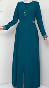 Trendy Modest Casual Front Button Floor-length Boat Neck Abaya Women <b>Lightweight</b> Long Sleeves Soft Breathable Fabric Quick Dry - Product Image 2