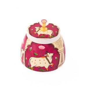 Tarro de metal artesanal con estampado de Pichwai para regalo de devolución, tarro decorativo de boda, artículo de regalo festivo indio para invitados - Product Image 2