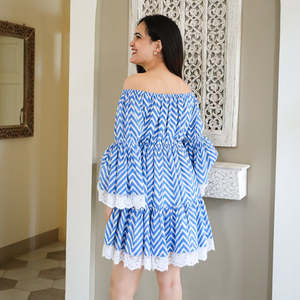 Robe courte bohème faite à la main à manches longues en coton imprimé d'été à épaules dénudées pour femmes - Product Image 4