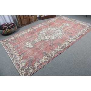 Vintage Eco-Friendly Latex Backing Traditional Turkish <b>Wool</b> Rug 5.7x9.7 ft <b>Red</b> Blue Patchwork - Product Image 2